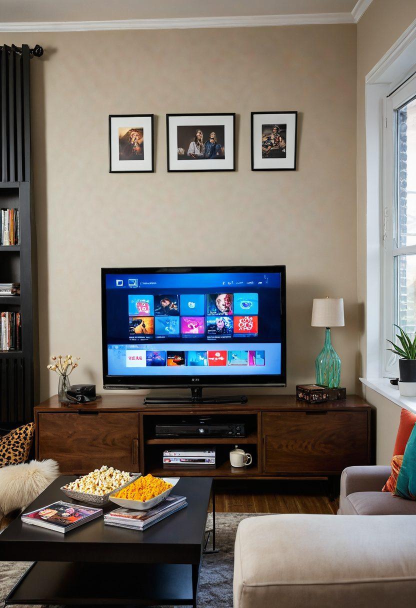 A captivating scene depicting a television screen showcasing dramatic scenes from popular ITV series, surrounded by a cozy living room setting with a plush sofa, popcorn bowl, and stylish decor. The room is dimly lit to create an inviting atmosphere, with framed art and a shelf of DVDs in the background. Add subtle hints of a streaming device and a remote control on the coffee table. Include a warm color palette to evoke a sense of comfort and entertainment. super-realistic. vibrant colors. warm tones.