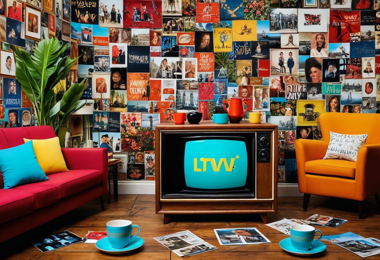 A captivating collage of iconic ITV shows, showcasing vivid scenes and characters from popular series like "Love Island", "Coronation Street", and "The Chase". Highlight the vibrant colors and dynamic emotions, portraying the excitement and drama of each show. The background features a modern TV screen glowing with a play button symbolizing 'must-watch'. Include elements that reflect British culture, like a cuppa tea and a cozy living room setting. digital illustration. vibrant colors. high detail.